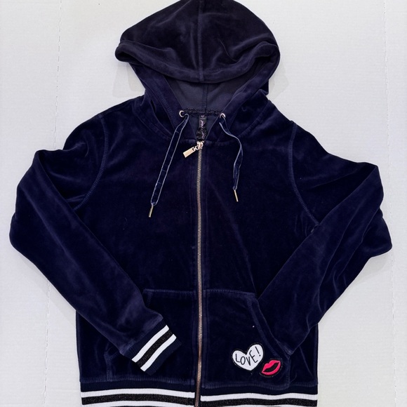 Betsey Johnson Jackets & Blazers - Betsey Johnson Navy Velour Full Zip Hoodie Jacket Vtg Y2K Stripe Patches